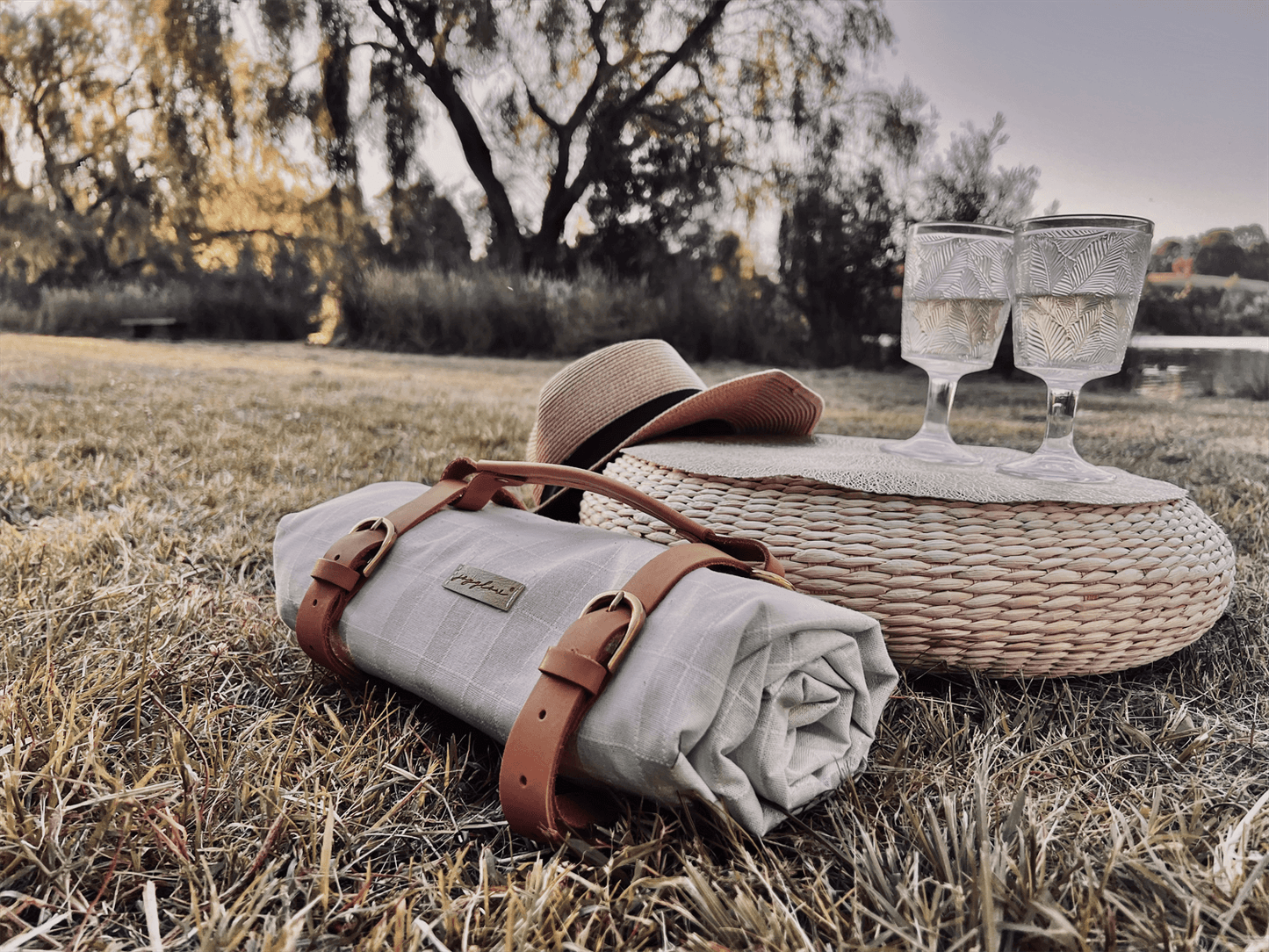 Beige Check Linen Picnic Blanket w/ Genuine Leather Strap