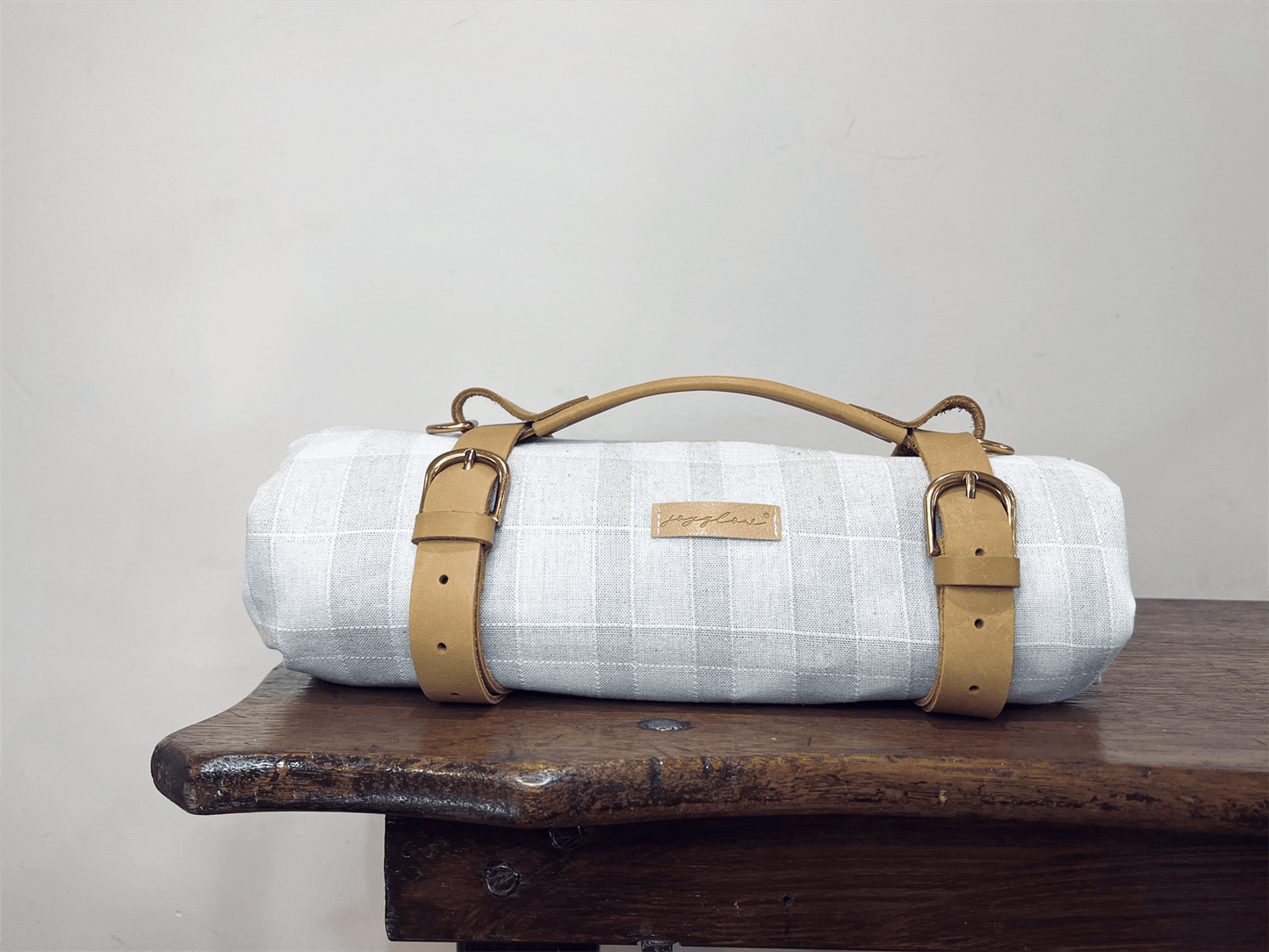 Beige Check Linen Picnic Blanket w/ Genuine Leather Strap