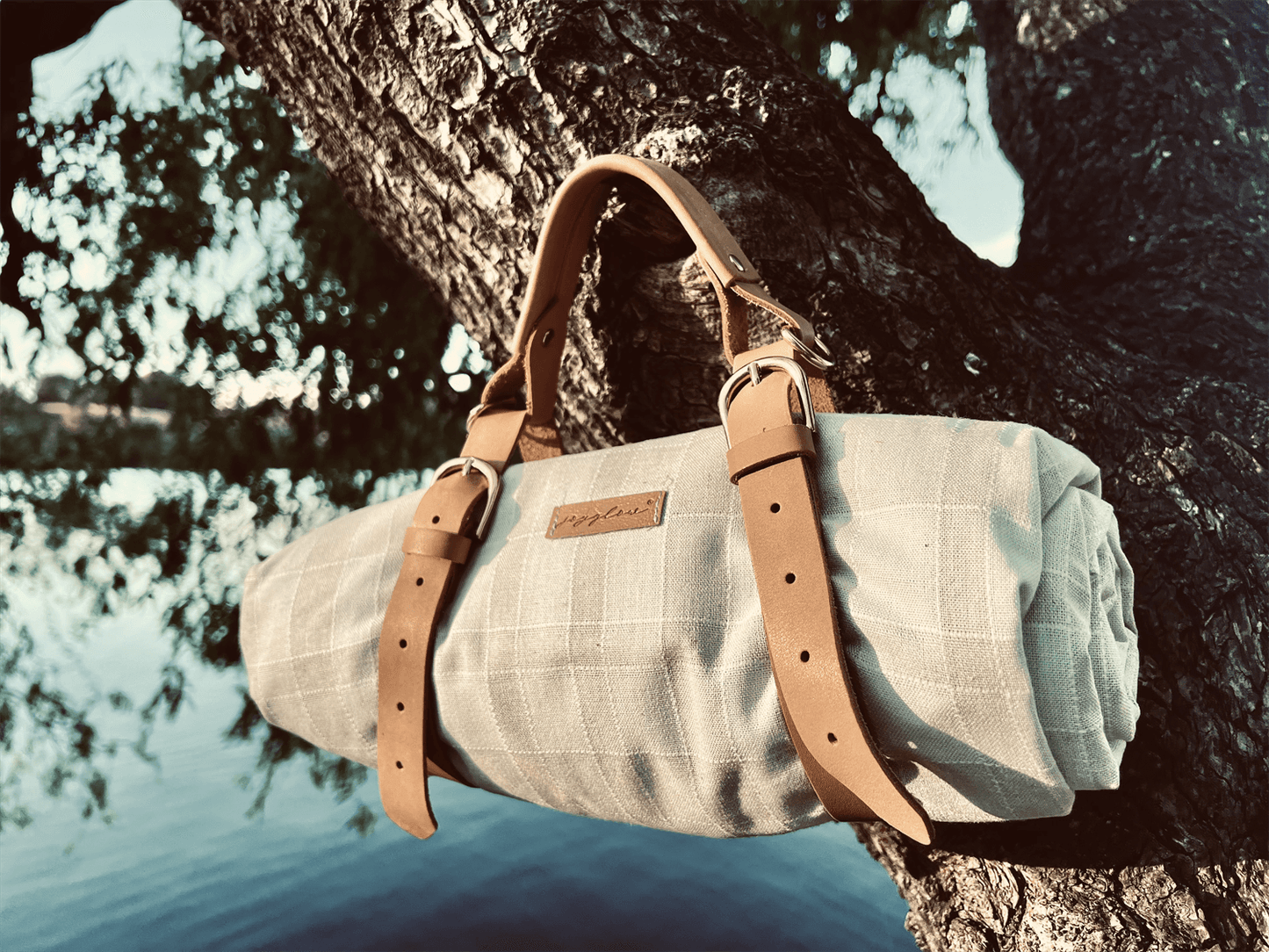 Beige Check Linen Picnic Blanket w/ Genuine Leather Strap