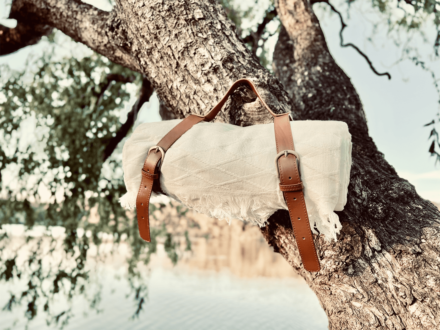 Boho White Picnic Blanket w/ Genuine Leather Strap