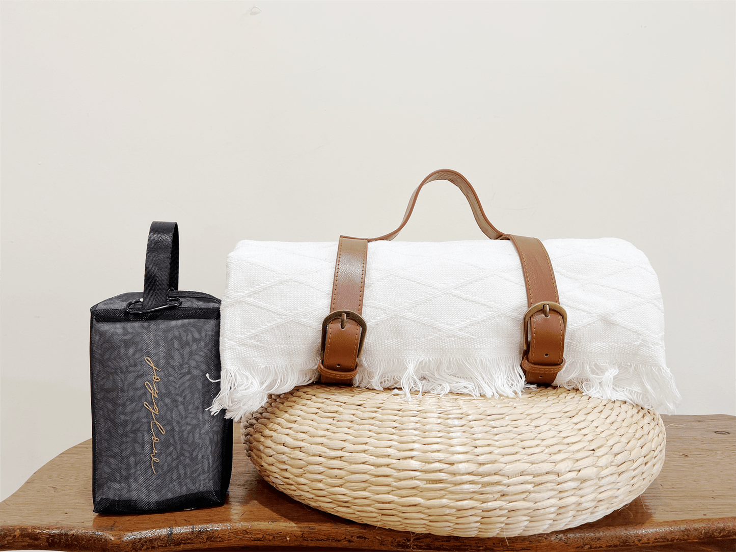 Boho White Picnic Blanket w/ Genuine Leather Strap