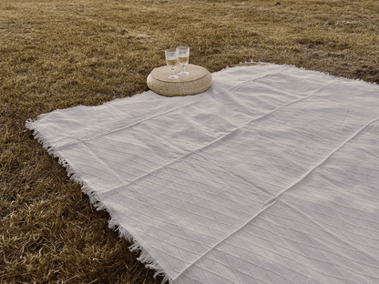 Boho White Picnic Blanket w/ Genuine Leather Strap