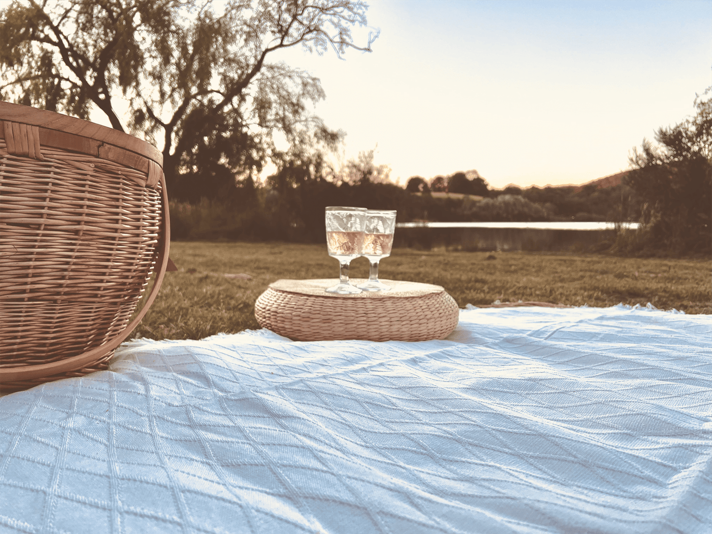 Boho White Picnic Blanket w/ Genuine Leather Strap