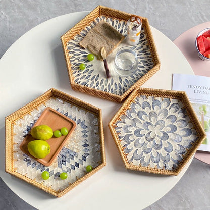 Coastal Elegance Handmade Serving Tray with Shell Design - 2 pcs set, HexagonRTAY