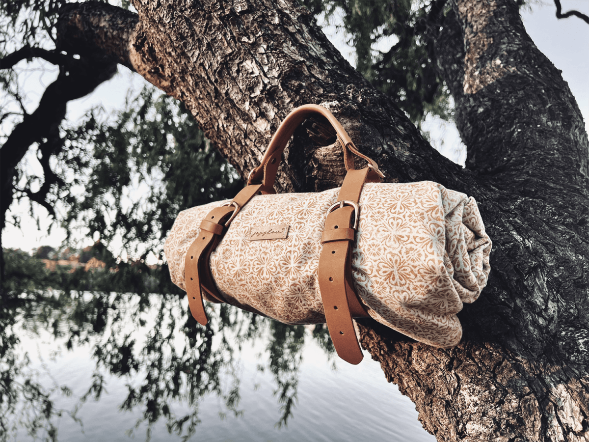 Waterproof Picnic Blanket w/ Genuine Leather Strap, Yellow PrintPBLKpicnic blanketpicnic blanket