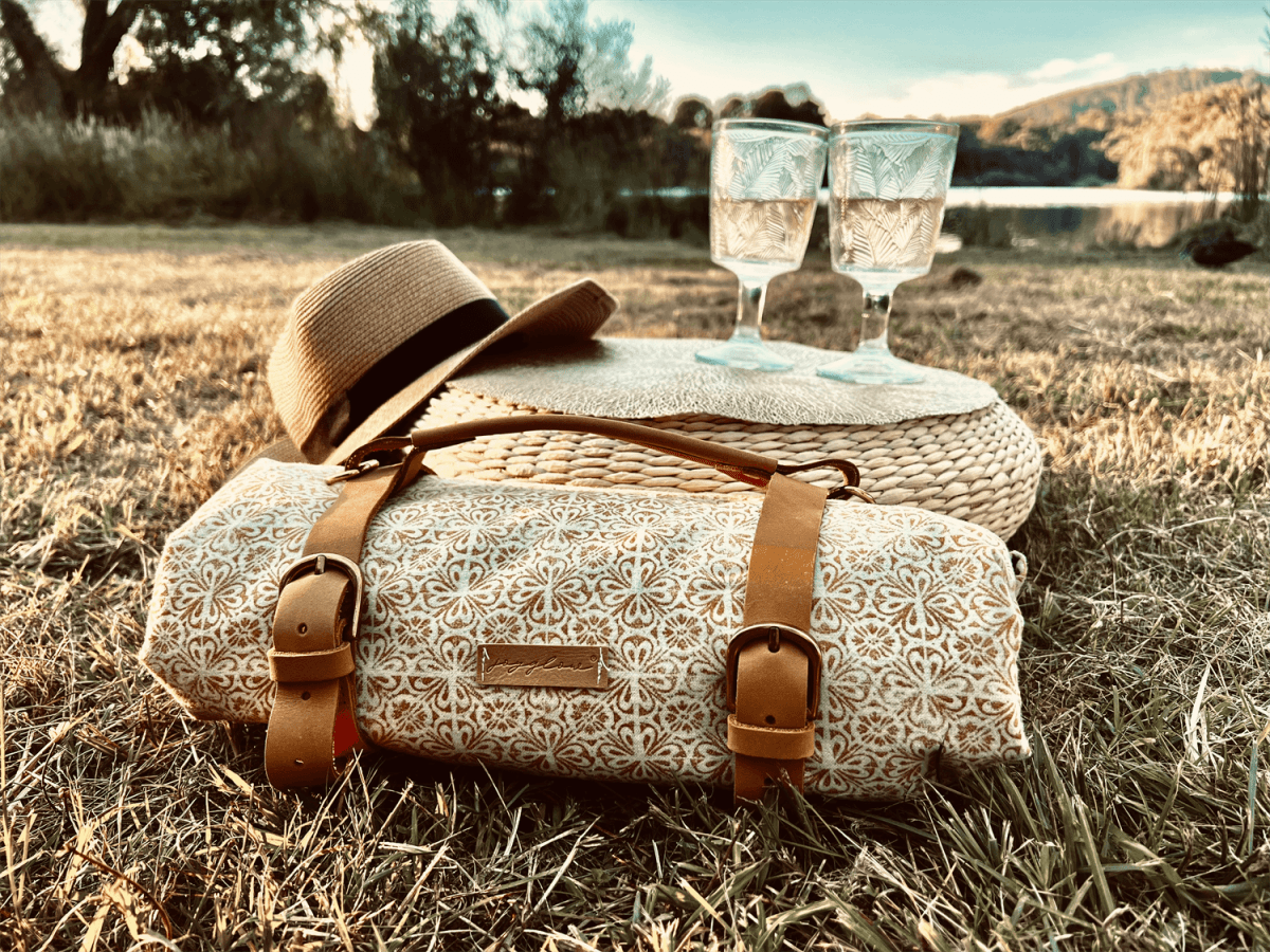 Waterproof Picnic Blanket w/ Genuine Leather Strap, Yellow PrintPBLKpicnic blanketpicnic blanket